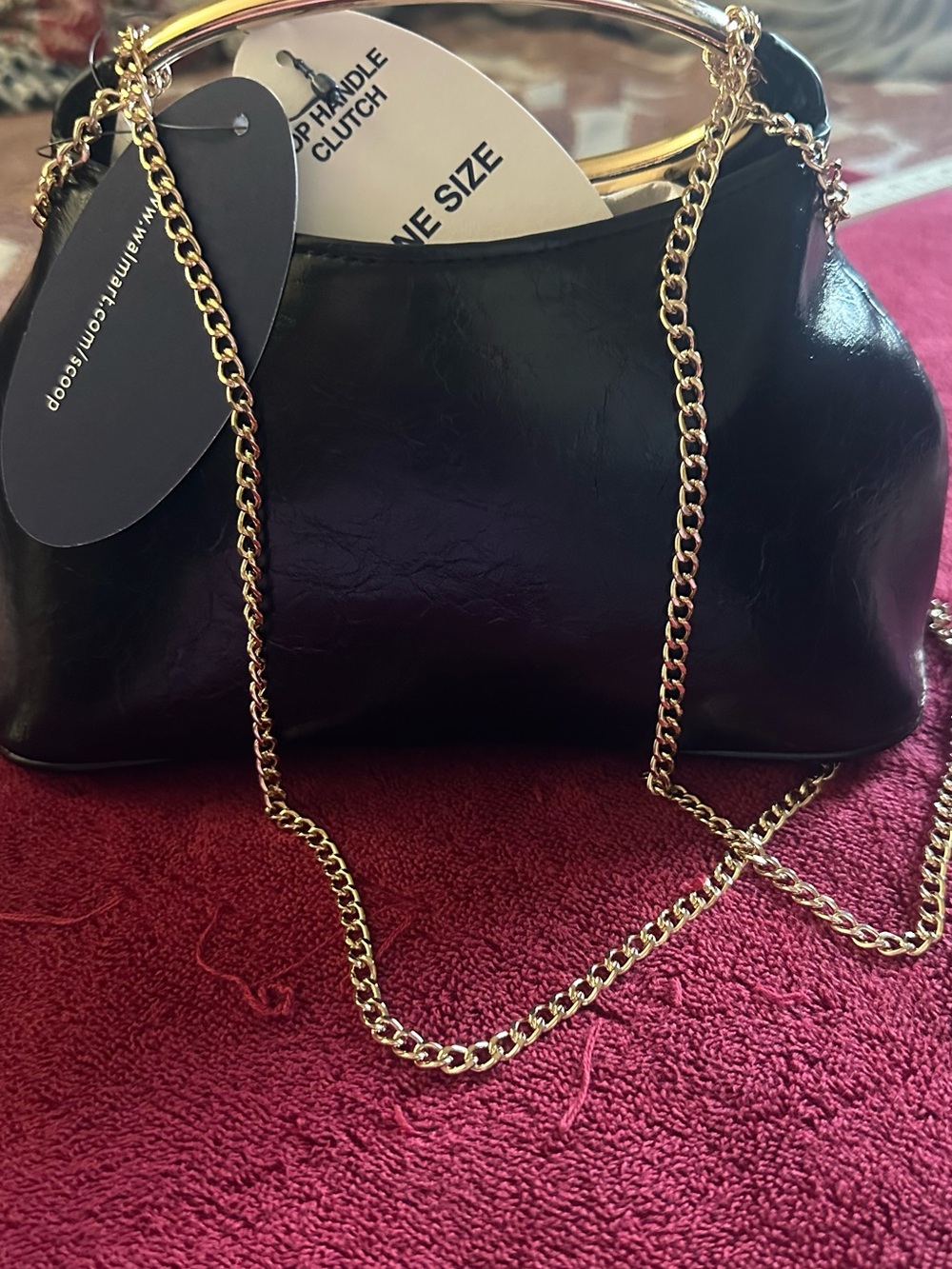 Black Patent  faux leather Top-Handle Bag with Gold Chain